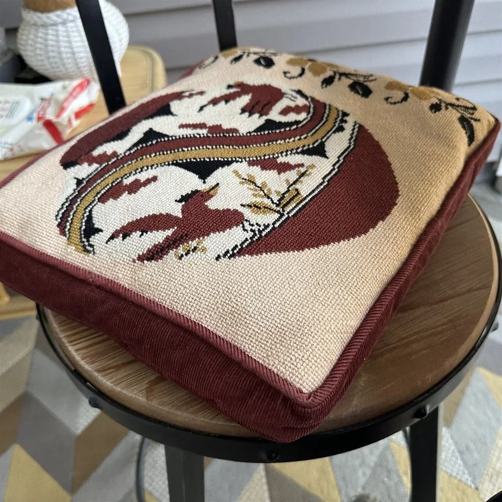 Throw Pillow Crewel Southwestern Kilim Pottery Hand Made Brown Bird Flower